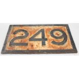 An original cast iron railway setting sign, to read "249", black on white example, for post