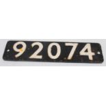 Original Cast Iron BR Standard Class 9F Smoke Box Number Plate, Number 92074, white on black,