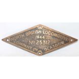 Reproduction brass North British Locomotive Works Plate, 1944, No.25312, diamond