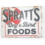 Original enamel Spratts Dog & Bird Foods double sided enamel sign, wall mounted example, 40cm x