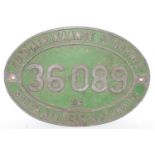 Original South African Railways Aluminium Dual Language Locomotive Cab Side plate, number 36-089,