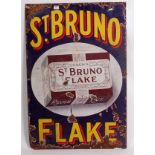 Original early 20th century St Bruno Flake advertising sign, yellow and red lettering on blue