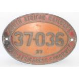 Original South African Railways Aluminium Dual Language Locomotive Cab Side plate, number 37-036,