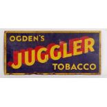 Original early 20th century Ogdens Juggler Tobacco sign, yellow, blue and red, measurements 22" x