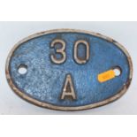 Original Shed Plate, 30a, Stratford, white on blue