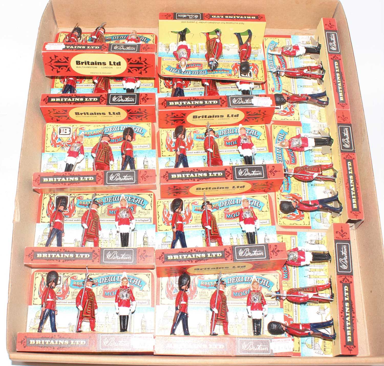 Fourteen various carded Britains no. 7223 Scots Guards, Beefeaters and Lifeguards gift set, all