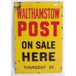 Original early 20th century enamel sign "Walthamstow Post" on sale here, red and black writing on