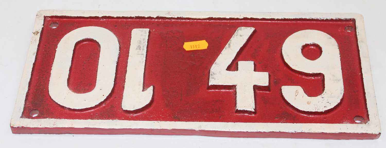 Possibly Continental, cast iron sign to read "0149", the 01 is upside down against the 49 or vice