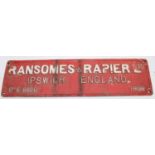 Original Cast Iron Ransomes Rapier Crane Sign, white on red, measurements 91cm x 23cm