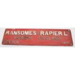 Original Cast Iron Ransomes Rapier Crane Sign, white on red, measurements 91cm x 23cm