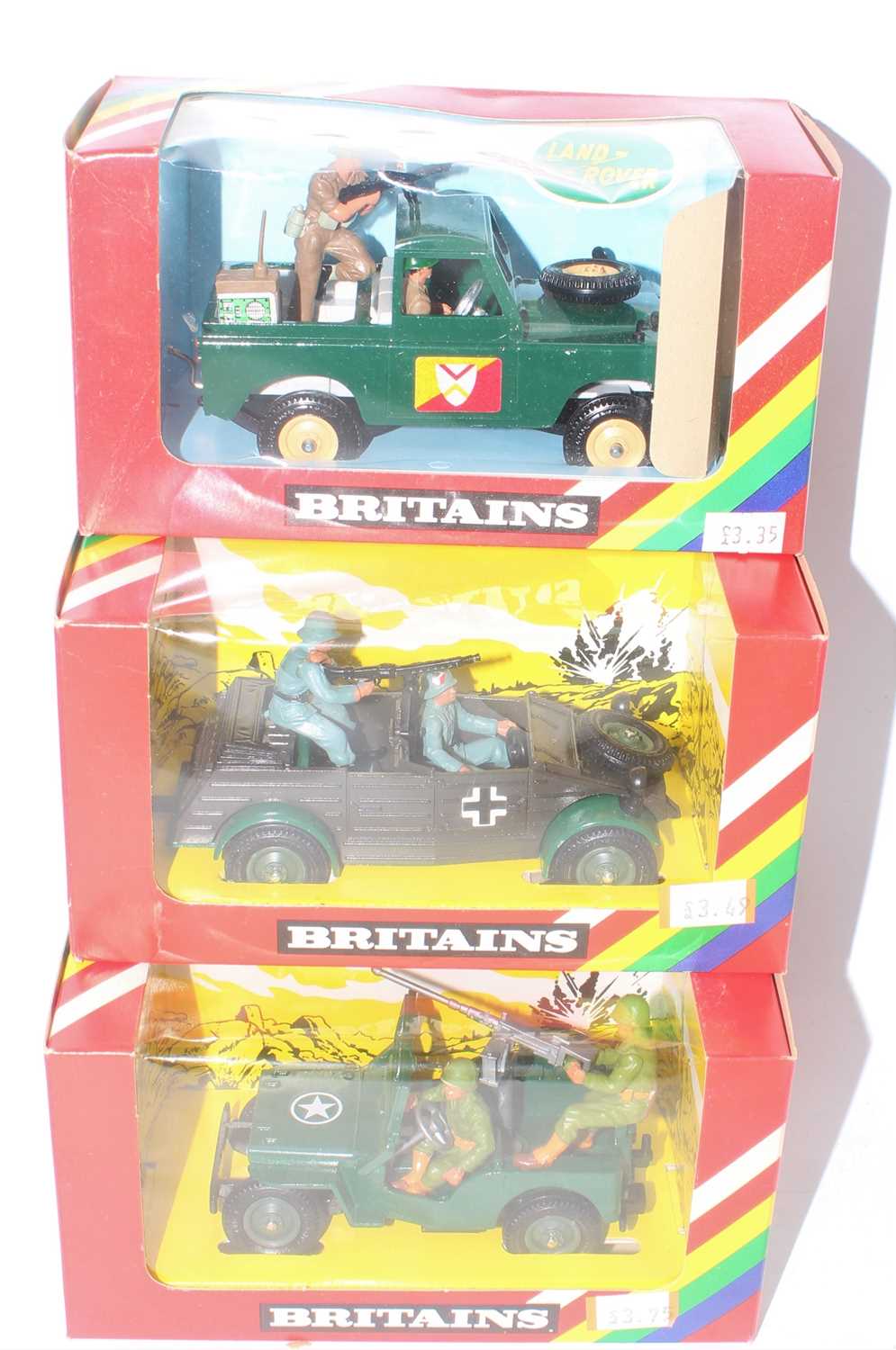 A collection of Britains rainbow boxed issued military vehicles to include no. 9786 US jeep, no.