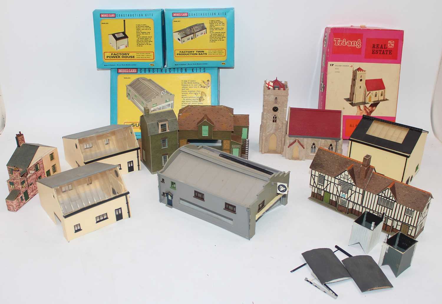 Various buildings for 00 gauge layout: Model-Land factory twin production bays; Factory Power House;