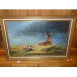 Dave Feather - Mountain Hare, oil on canvas, signed with feather lower right, 37x60cmCondition