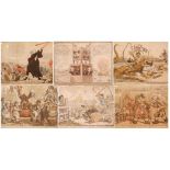 Six late French Revolution era British satirical hand-coloured etchings framed as two triptychs,