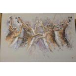 Ryan - Boxing hares, acrylic on canvas, signed lower right, 60 x 90cm, unframed