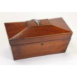 A Regency mahogany and boxwood strung twin compartment tea caddy, of sarcophagus form, w.30cm