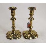 A pair of 19th century brass table candlesticks, each with knopped stems and petal feet, h.18cm