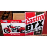 A reproduction tin advertising sign for The Indian Motorcycles; and one other for Castrol GTX (2)