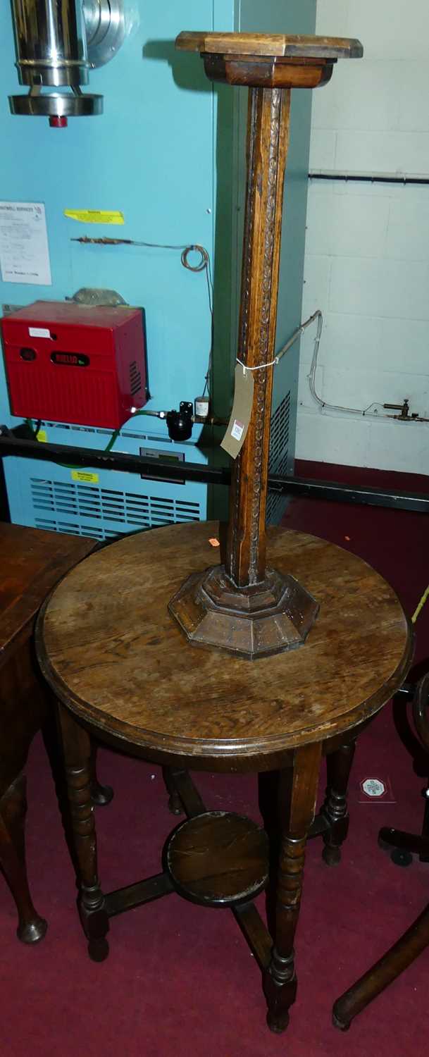 An early 20th century octagonal oak ashtray stand, height 80cm, together with an early 20th