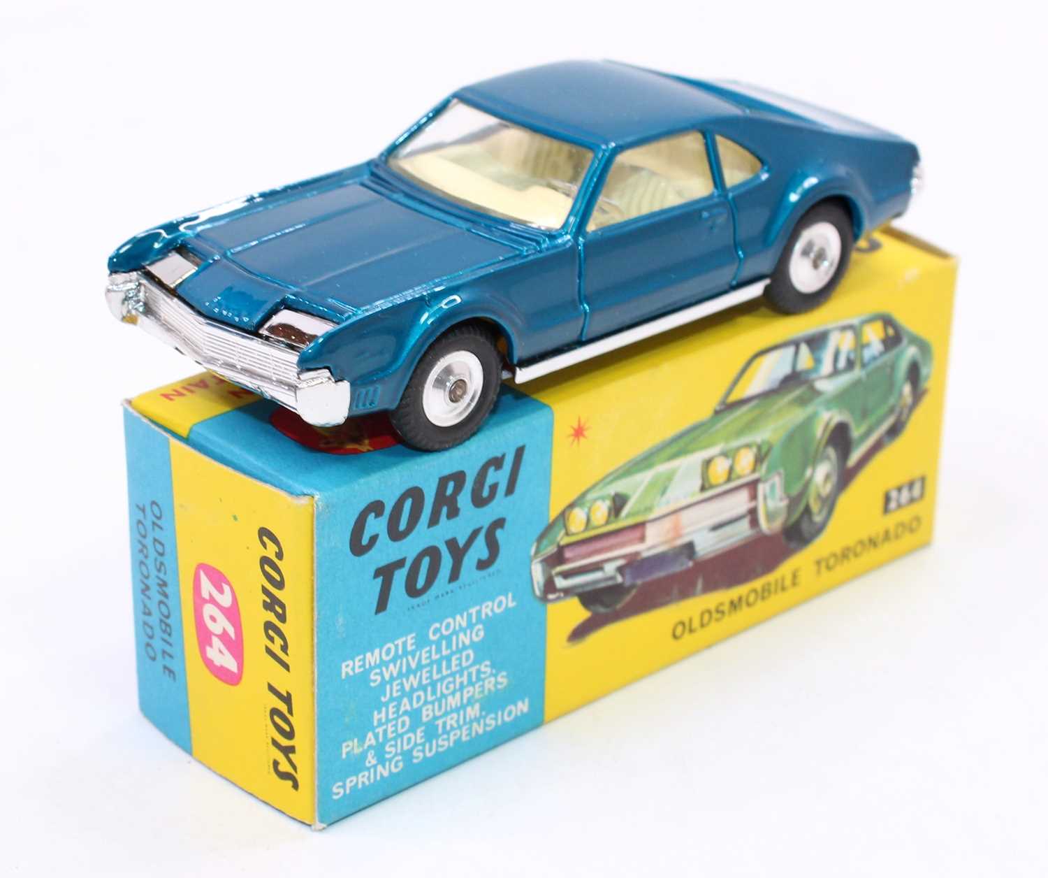 Corgi Toys, 264, Oldsmobile Toronado, metallic blue body with cream interior, detailed cast hubs, in