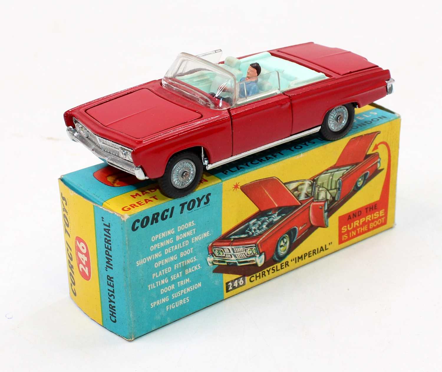 Corgi Toys, 246 Chrysler Imperial convertible, deep red body with light blue interior, with driver