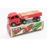 Triang Minic, Tinplate and Clockwork Mechanical Horse and Trailer with wooden case load, red cab and