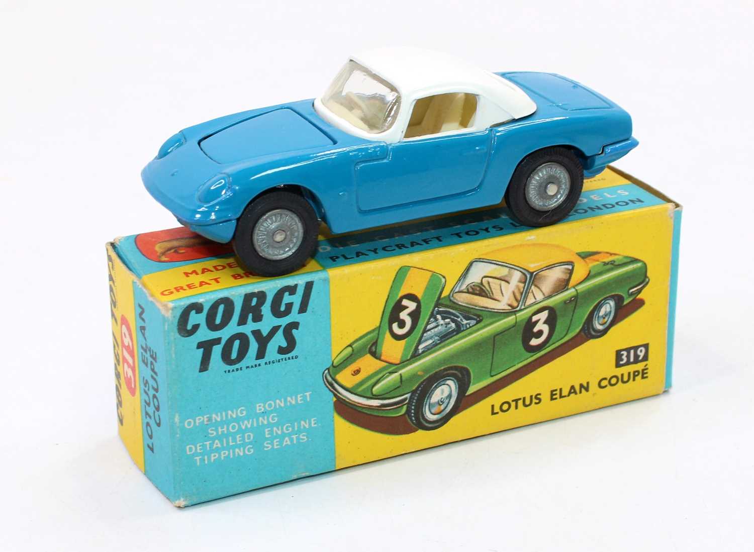 Corgi Toys No. 319 Lotus Elan Coupe comprising of blue body with white roof and cream interior