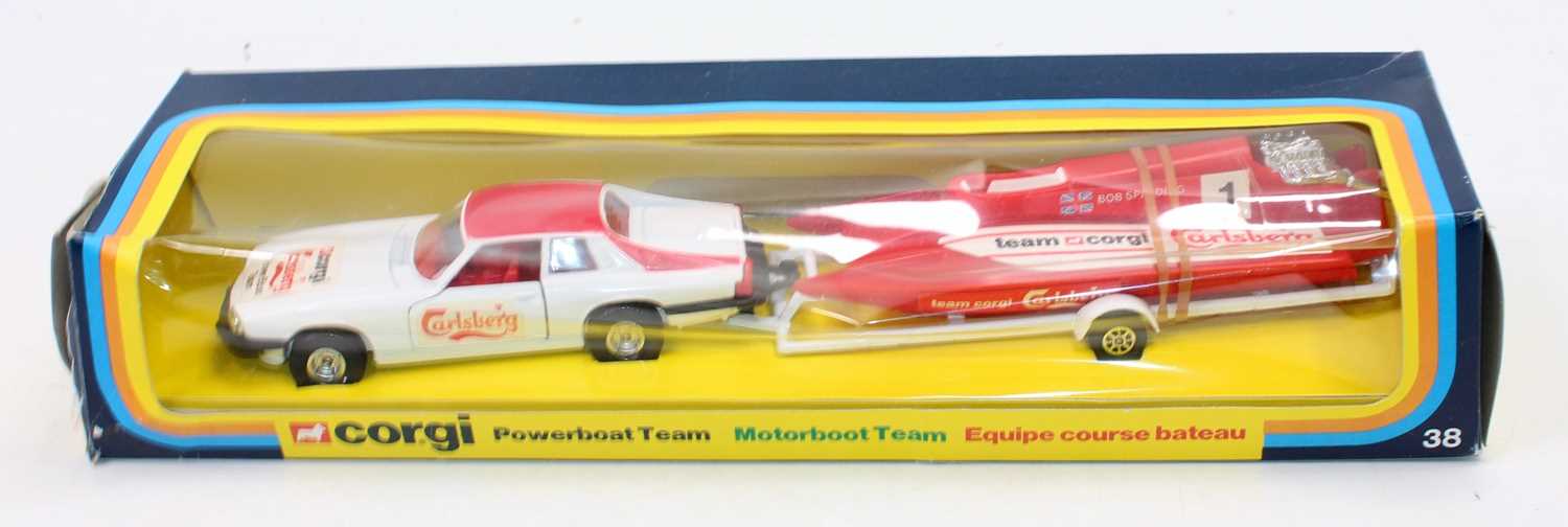 A Corgi Toys window box race car gift set group, to include No. 38 Power Boat Team Race car, No. - Image 2 of 2