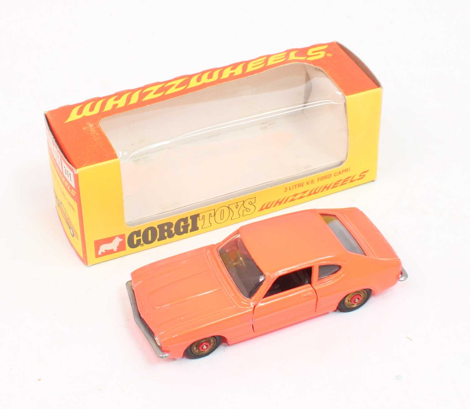 Corgi Toys 311, 3 Litre Ford Capri in pink with red spot hubs, model has a few small paint touch-