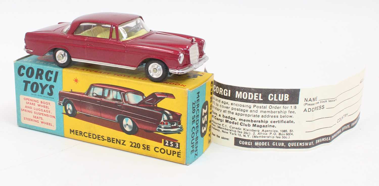 Corgi Toys No 253 Mercedes Benz 220 SE Coupe in wine red and fitted with a yellow interior (model - Image 2 of 2