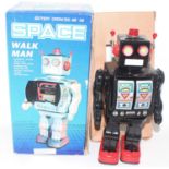 A Chinese battery-operated model ME100 space walkman robot comprising of a black body with red