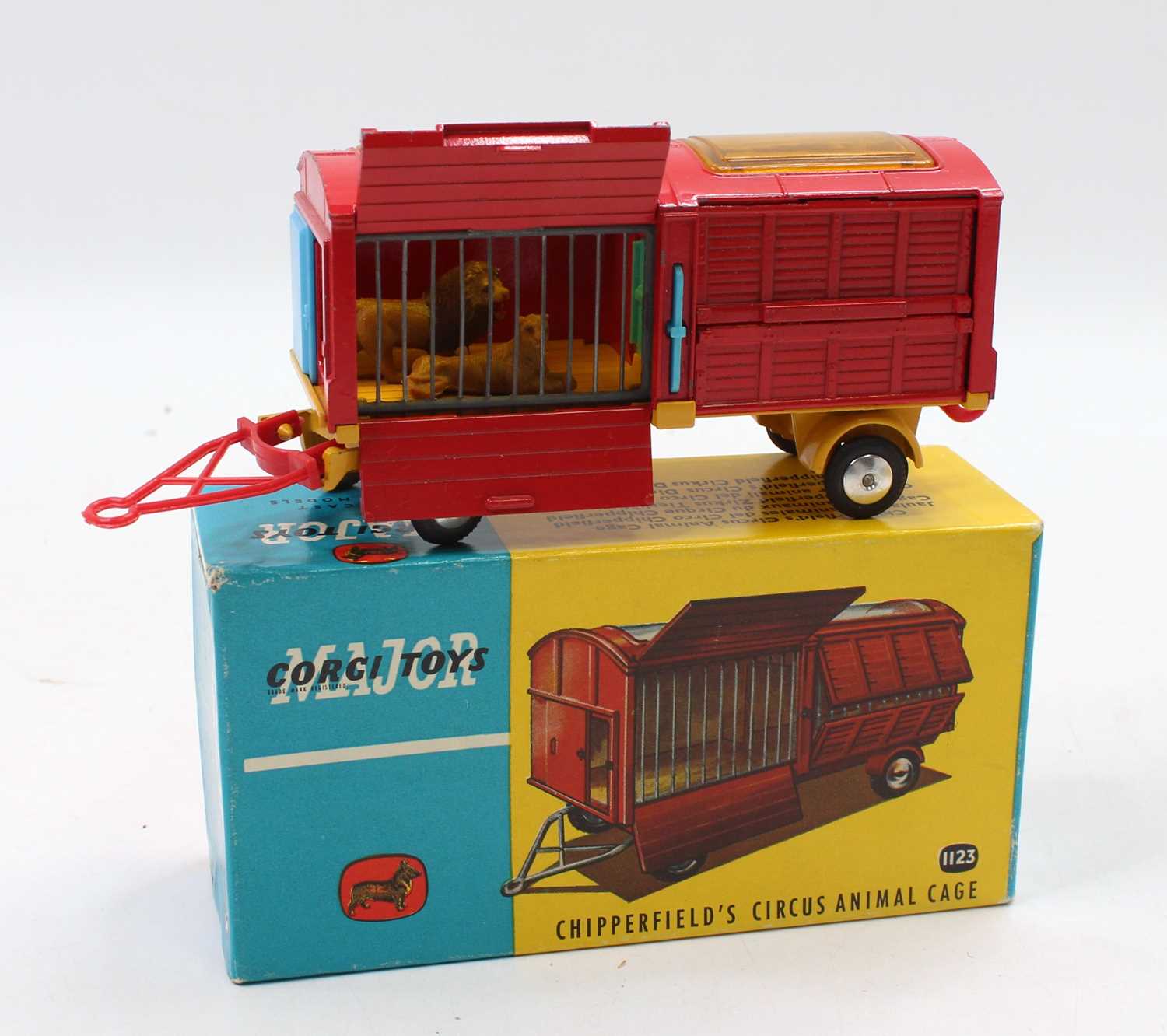 Corgi Toys No. 1123 Chipperfields Circus animal cage truck comprising of red and blue body with