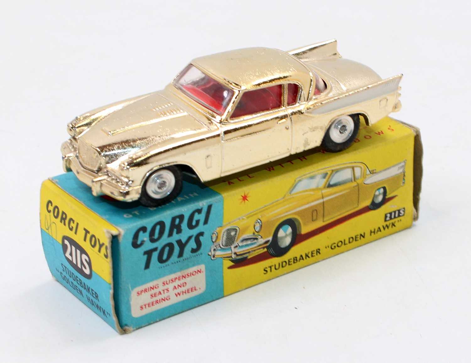 Corgi Toys, 211s, Studebaker Golden Hawk, gold plated body with red interior, white flash and smooth