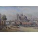 Albert Goodwin (1845-1932) - The Notre Dame from across the Seine, watercolour heightened with