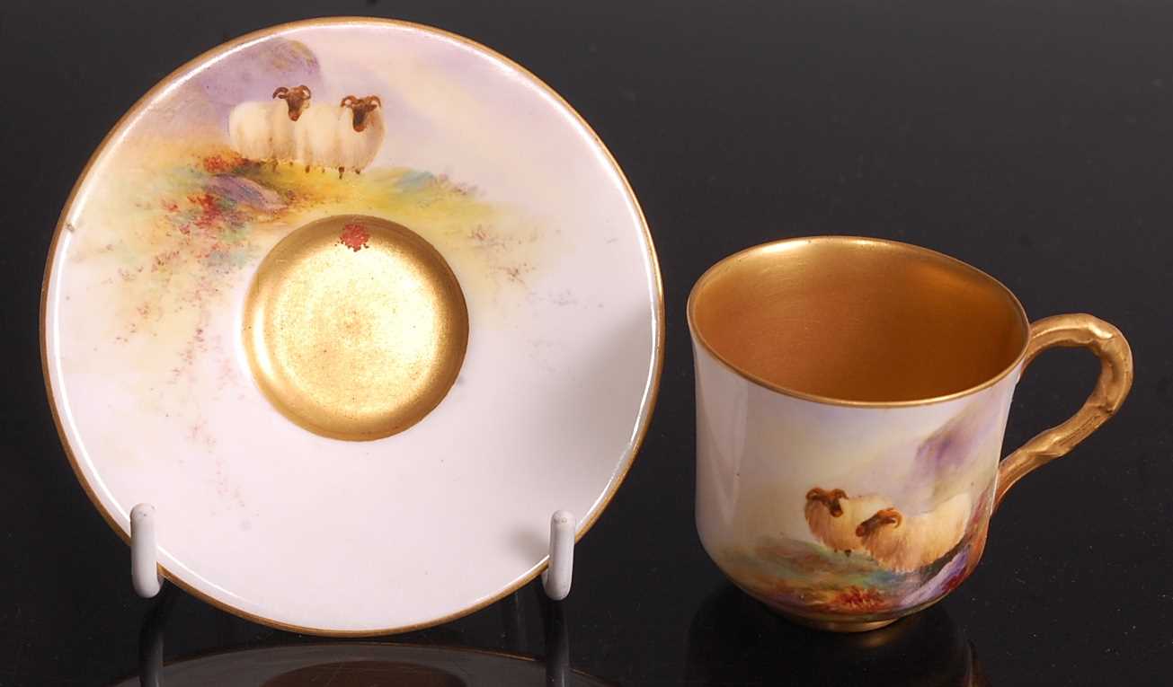 A Royal Worcester porcelain miniature cabinet cup and saucer, painted in polychrome enamels with two - Image 2 of 5