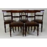 A set of five William IV mahogany barback dining chairs, each with tan leather upholstered drop-in