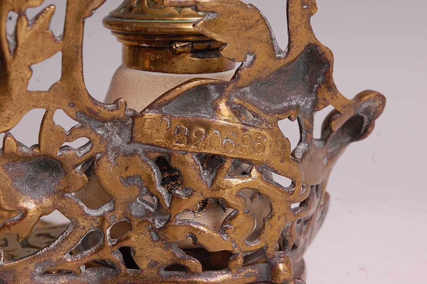 A late Victorian heavy gilt brass desk stand, having scoop pen tray and twin inkwells, the brass - Image 3 of 10