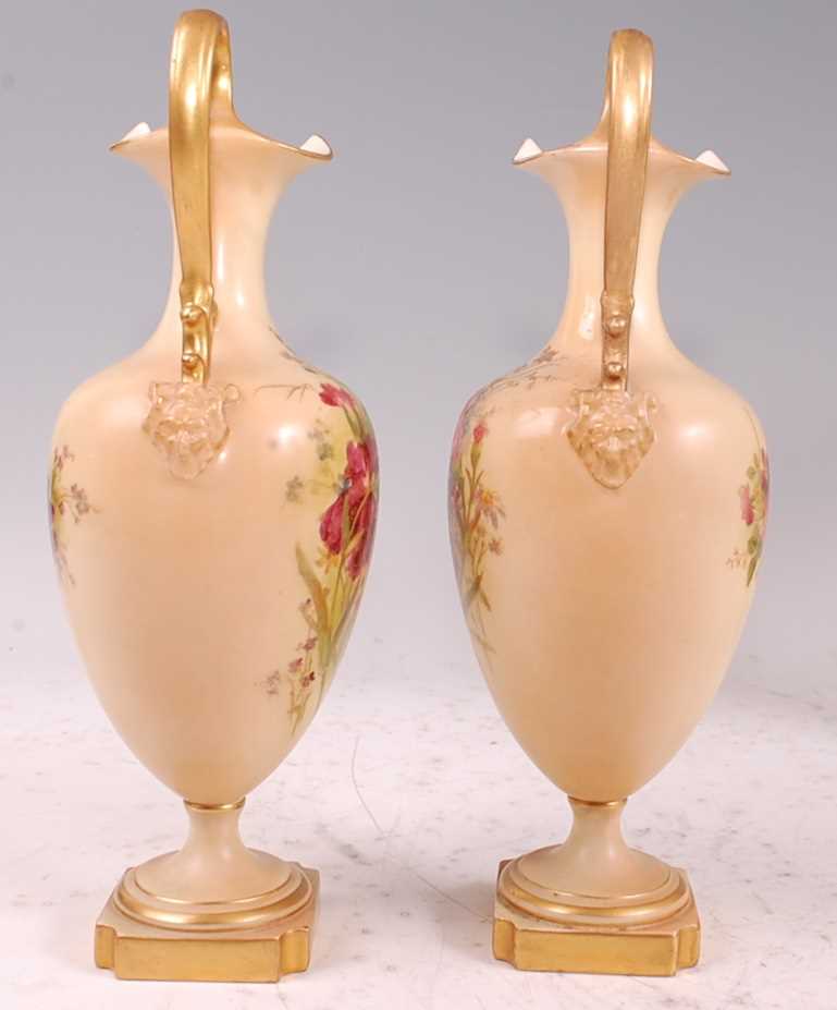 A pair of Edwardian Royal Worcester porcelain pedestal ewers, hand-painted floral decoration on a - Image 4 of 17
