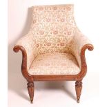 A William IV rosewood framed tub chair, reupholstered in a floral silk damask, having part-reeded
