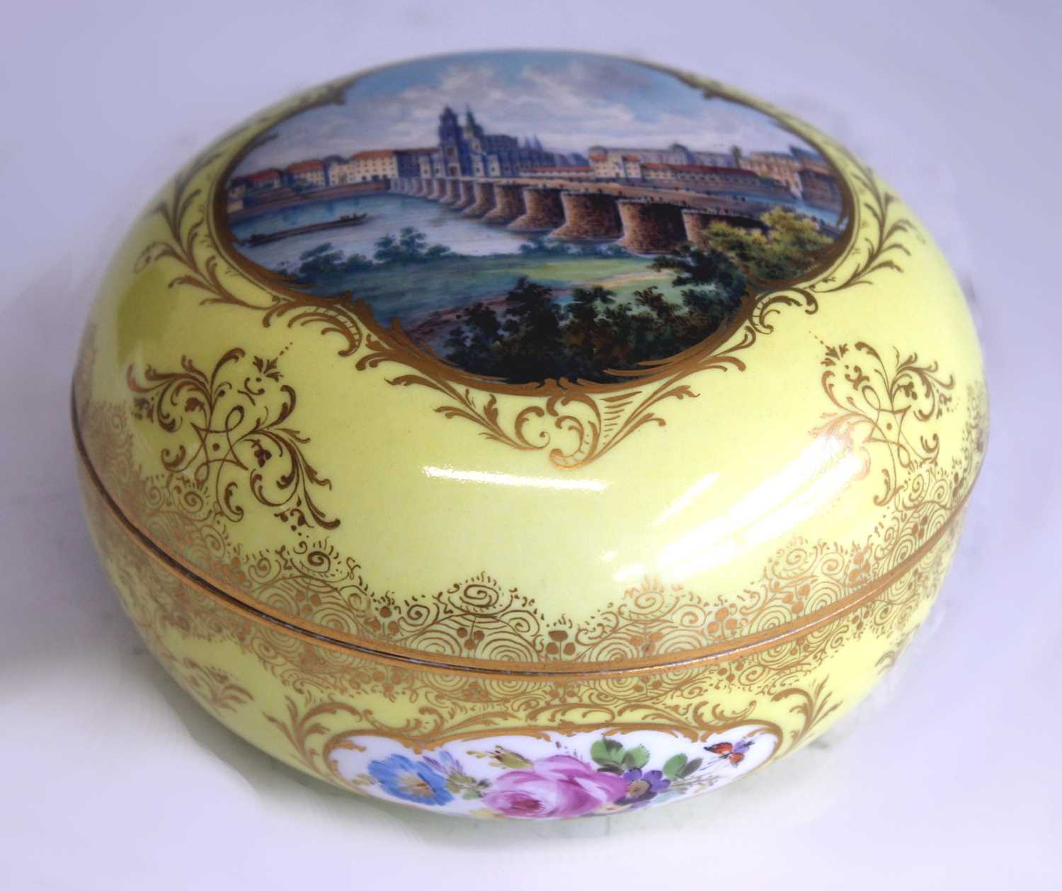 A late 19th century Meissen porcelain vanity pot and cover, the yellow ground richly decorated in - Image 2 of 10