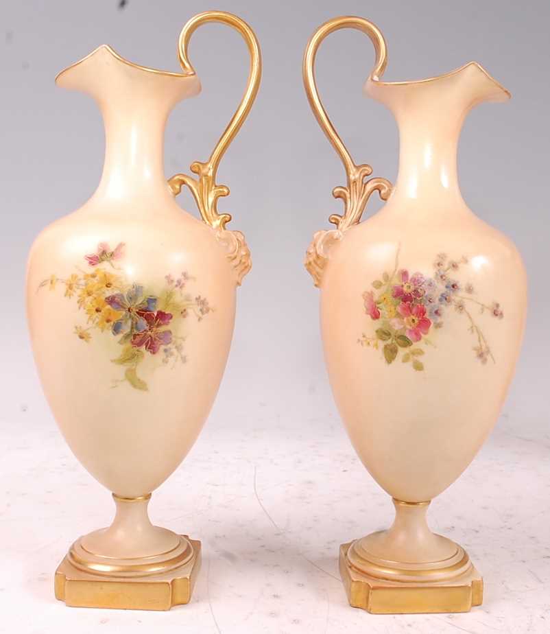 A pair of Edwardian Royal Worcester porcelain pedestal ewers, hand-painted floral decoration on a - Image 3 of 17