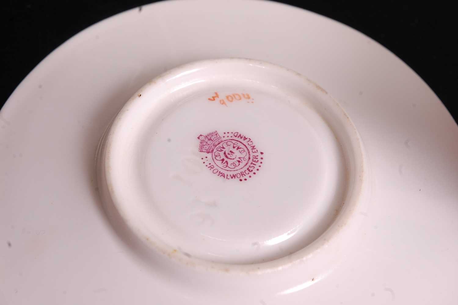 A Royal Worcester porcelain miniature cabinet cup and saucer, painted in polychrome enamels with two - Image 4 of 5