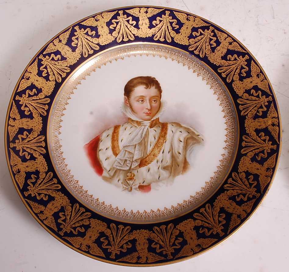 A pair of 19th century French porcelain portrait cabinet plates, the cobalt blue rims heavily gilt - Image 2 of 5