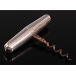 A late Victorian silver cased pocket corkscrew, of plain tapering cylindrical form, the cap