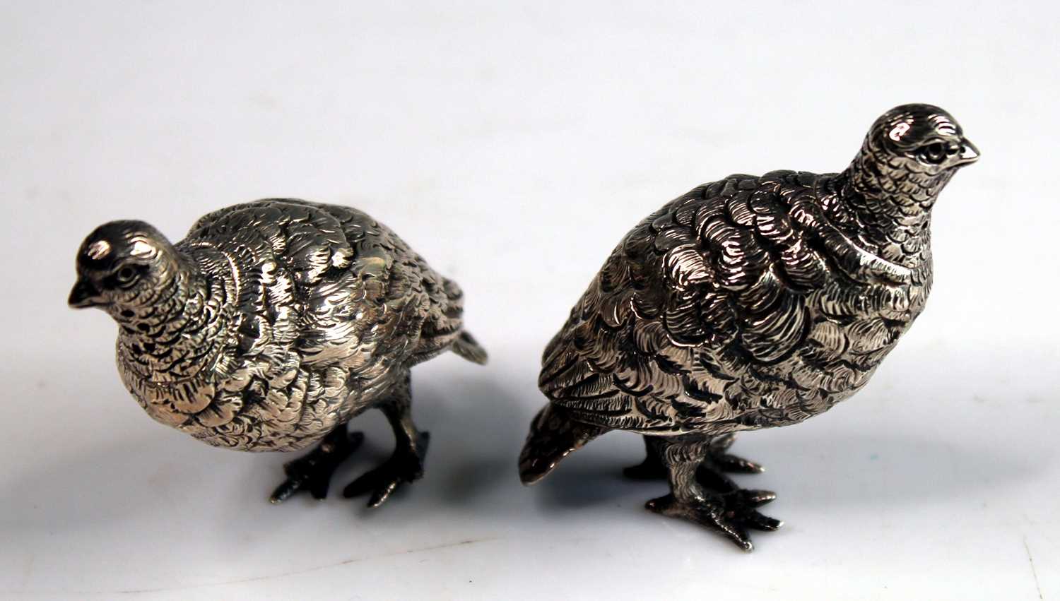 A pair of Victorian novelty silver salt and pepper cruets modelled as standing grouse, with - Image 3 of 9