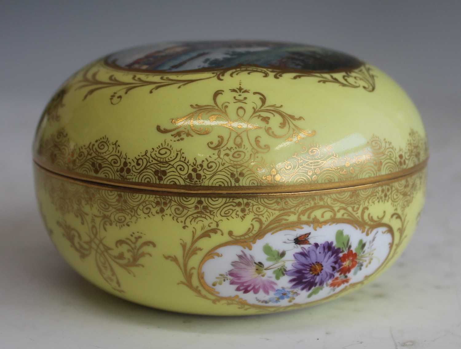 A late 19th century Meissen porcelain vanity pot and cover, the yellow ground richly decorated in - Image 9 of 10