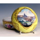 A late 19th century Meissen porcelain vanity pot and cover, the yellow ground richly decorated in