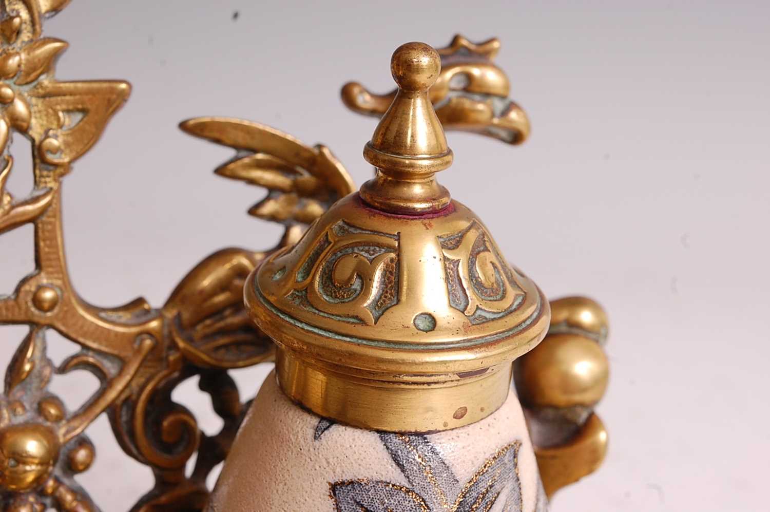 A late Victorian heavy gilt brass desk stand, having scoop pen tray and twin inkwells, the brass - Image 5 of 10