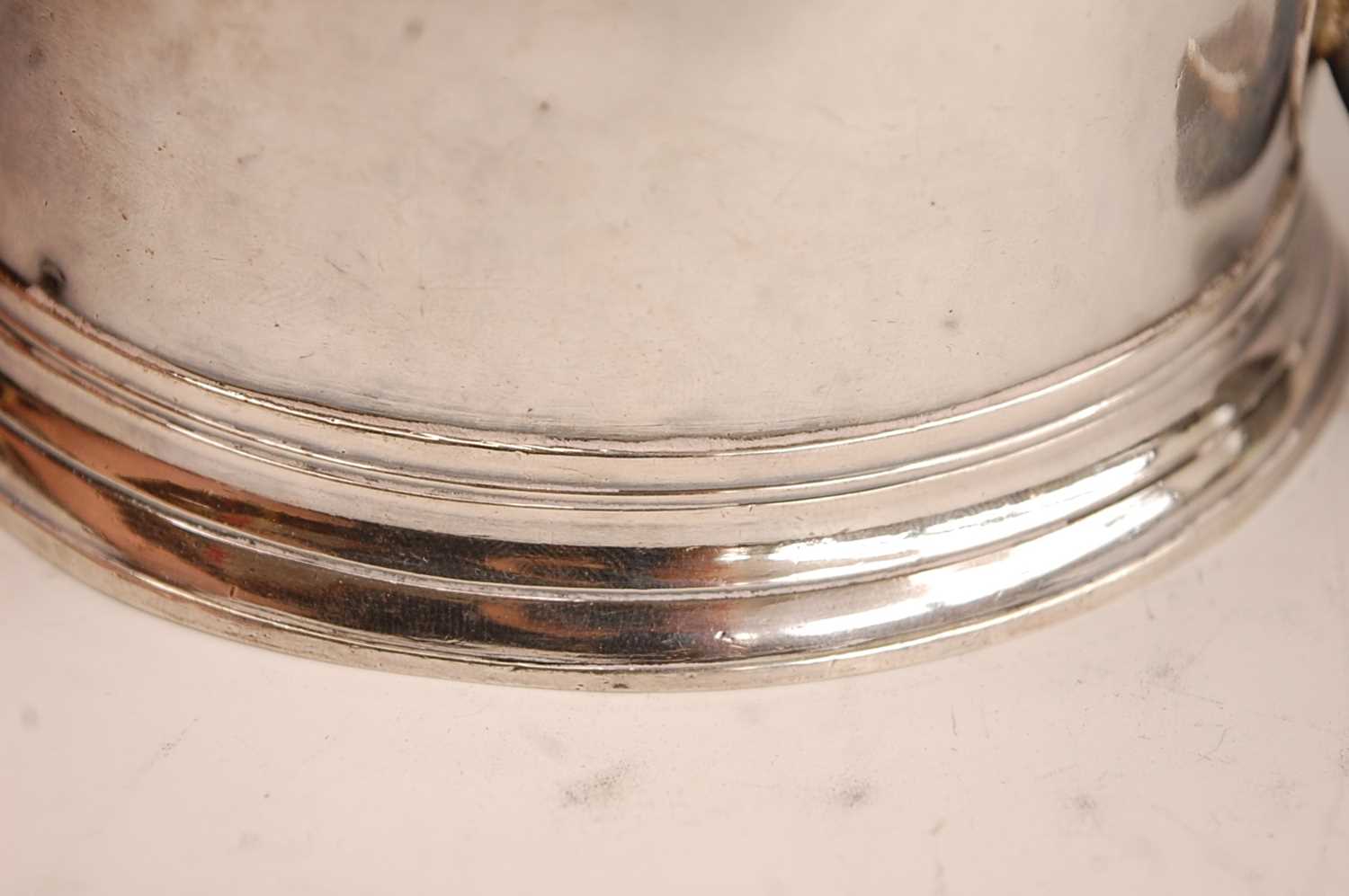 A George I silver lidded tankard, of plain tapering cylindrical form with banded girdle, having - Image 14 of 19