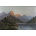 After Alfred de Breanski Jnr (1877-1955) - Cattle watering in a Highland landscape, oil on canvas (